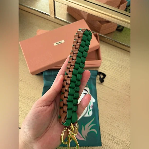 Miu Miu Leather Keychain Trick in Cognac/Mango Braided With Snap-Hook Logo - Picture 6 of 15